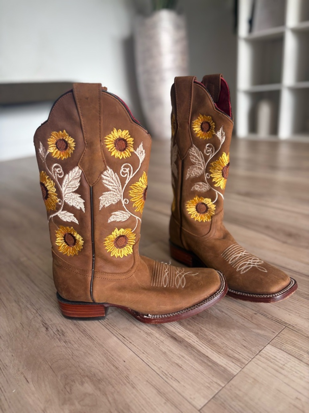 Sunflower Embroidered Brown Leather Western Combat Boots